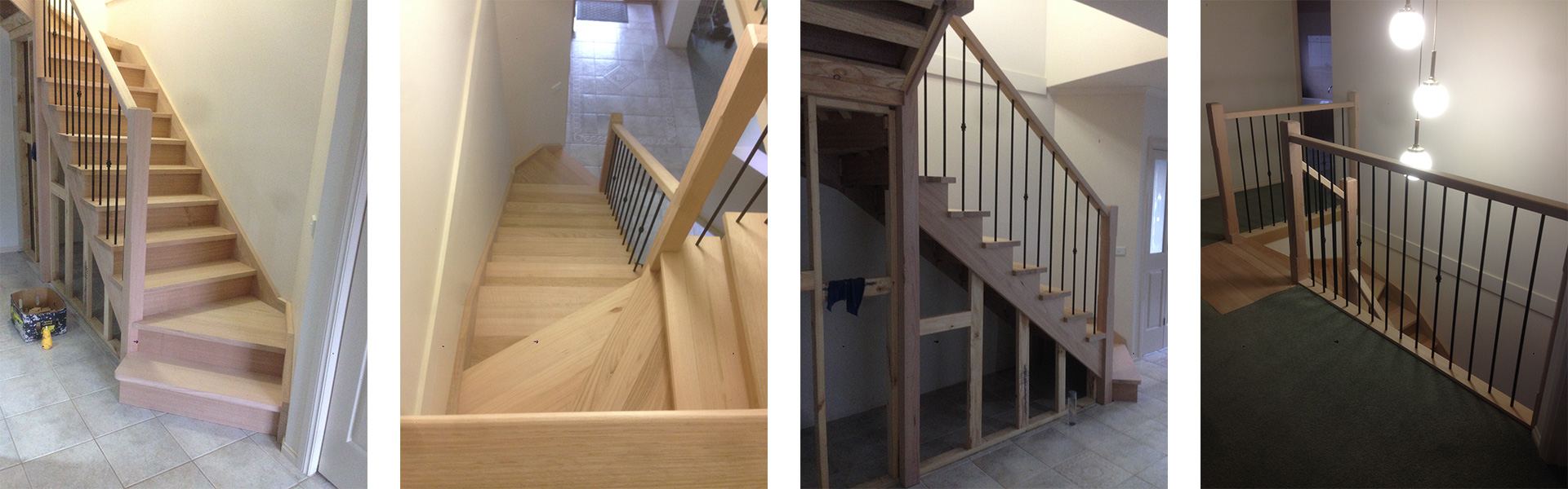 schody drewniane zabiegowe wewnętrzne z podwieszanymi stopniami, pół podwieszane, balustrady szklane, poręcze drewniane