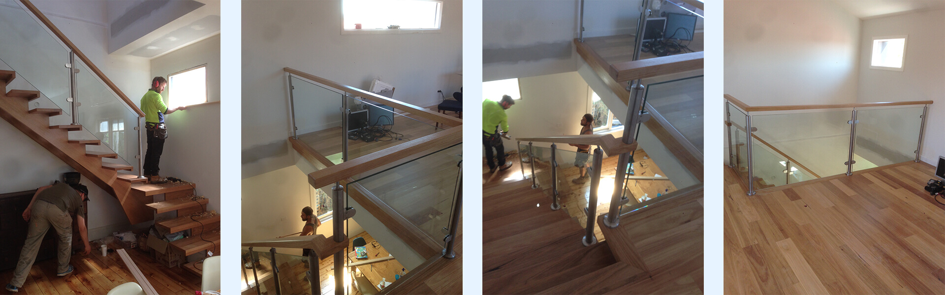 schody drewniane wewnętrzne proste bez podstopni, nakładane, balustrady szklane, poręcze drewniane