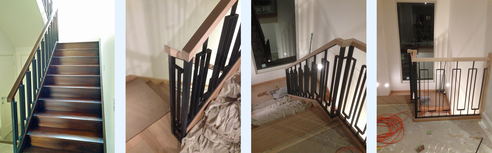 schody drewniane zabiegowe wewnętrzne z podestem, balustrady kute, poręcze drewniane